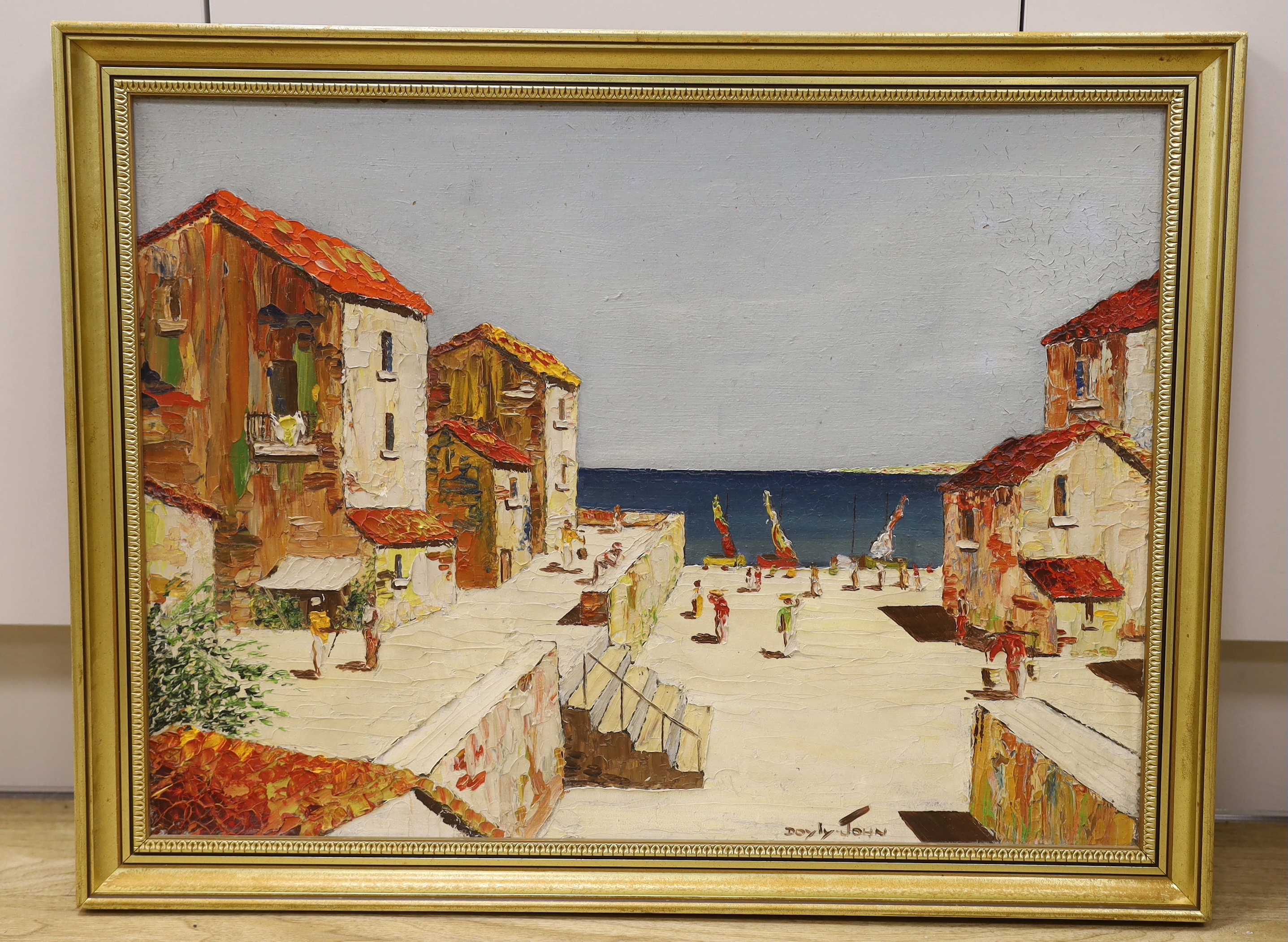 After Cecil Rochfort D'Oyly-John (1906-1993) oil on board, Continental harbour scene with villa’s, 62cm x 46cm
